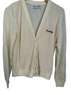 Vintage 70's 80's Cream Jeep Logo V Neck Cardigan Sweater Grandpa Rare Orlon